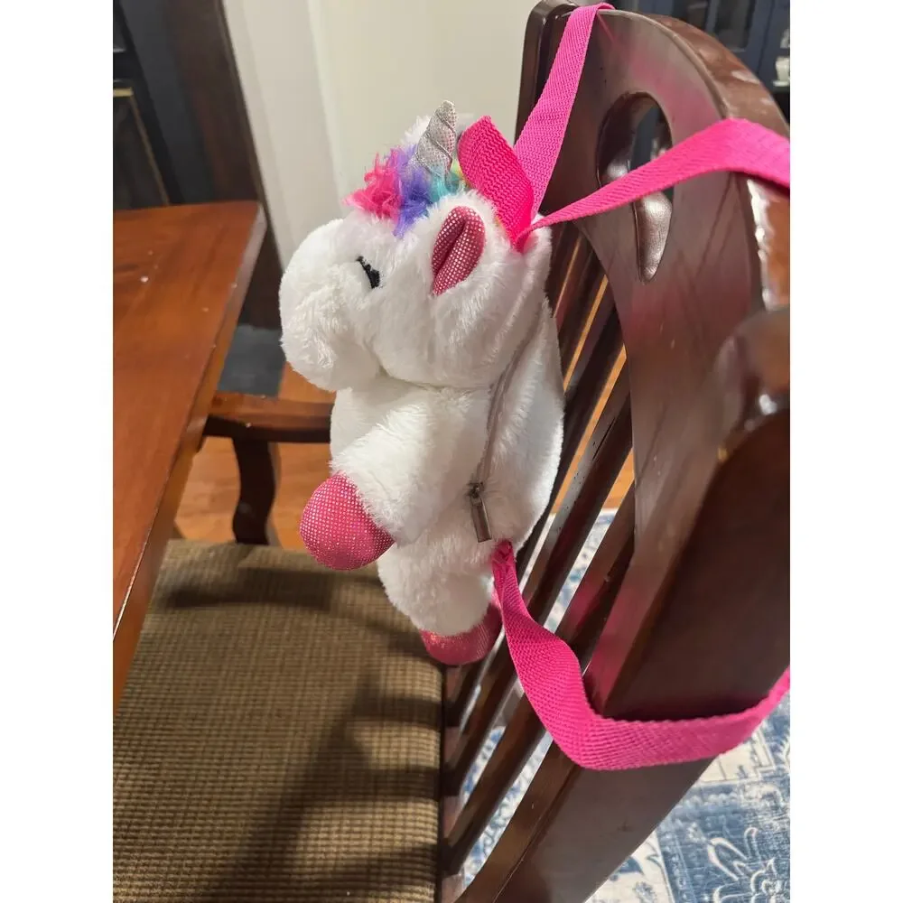 Claire’s Club Plush Unicorn Backpack White Pink Zipper Closure Adjustable Straps